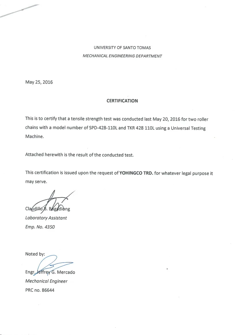 UST Engineering certification document, University of Santo Tomas, May 25, 2016